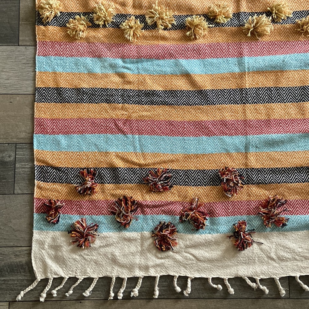 Jacinta Woven Pom Throw/blanket - Creme/Blue/Orange - Picture 5 of 10